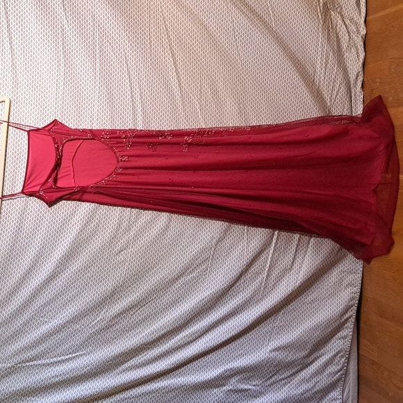 BCBG Max Azria Long Red Dress with Beads and Spaghetti Straps - Picture 3 of 9